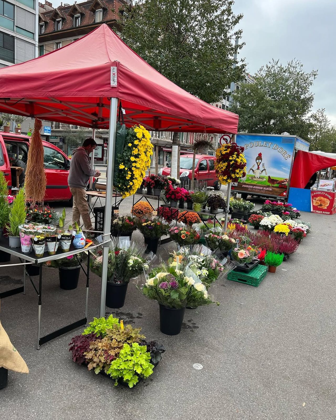 Le stand de Chabry Fleurs au marché de Plainpalais, sous la tente rouge
